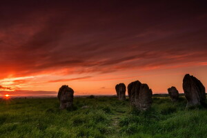 nuvem, Duddo stone circle, pôr do sol