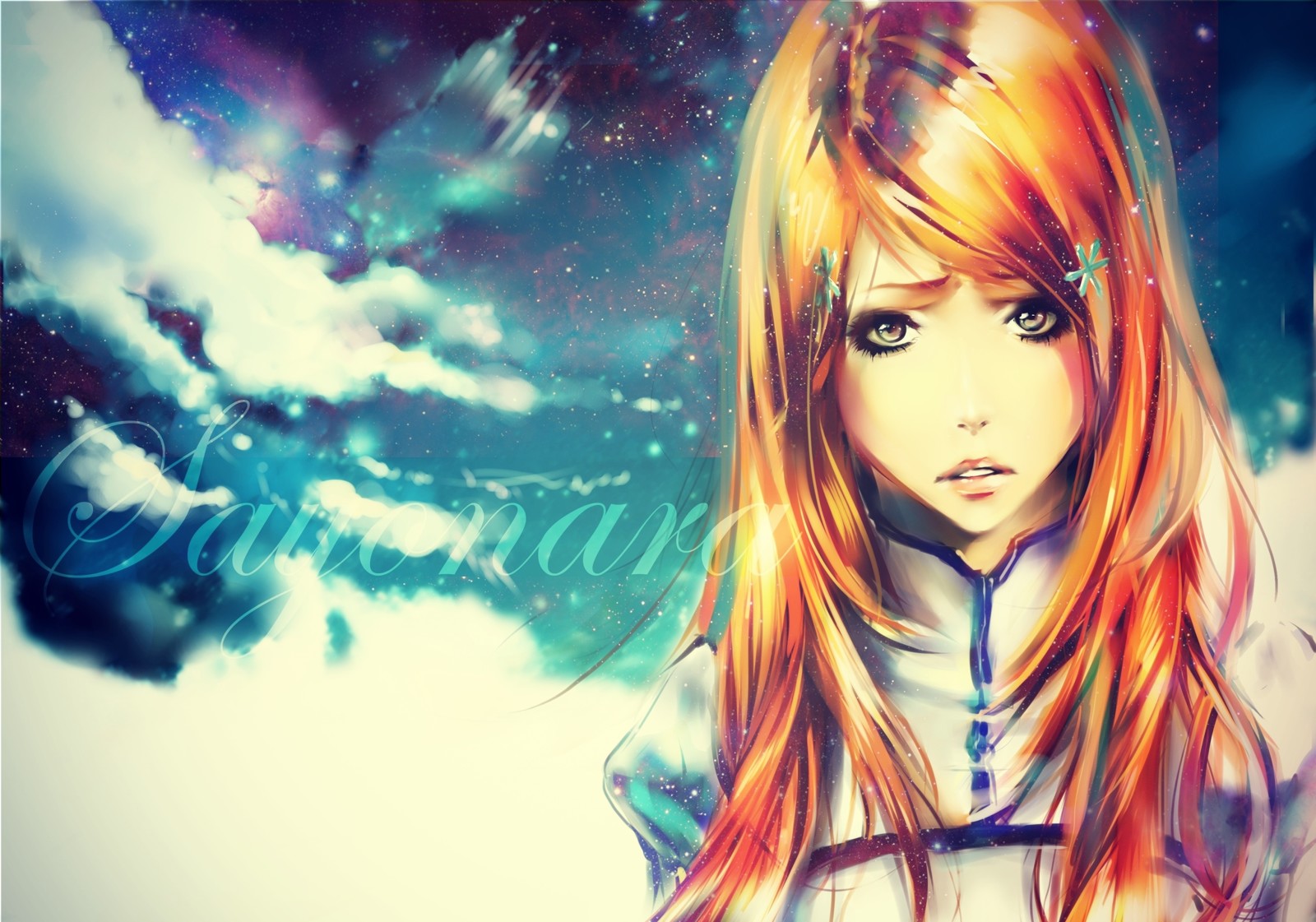 niebo, dziewczyna, sztuka, chmury, Anime, gwiazdy, Wybielacz, Inoue Orihime