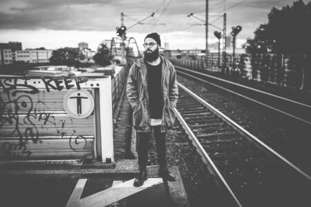 beard, boots, glasses, male, railroad, Rainy, Sign, the city