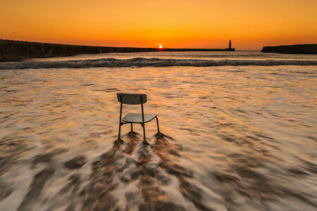 cadeira, mar, pôr do sol