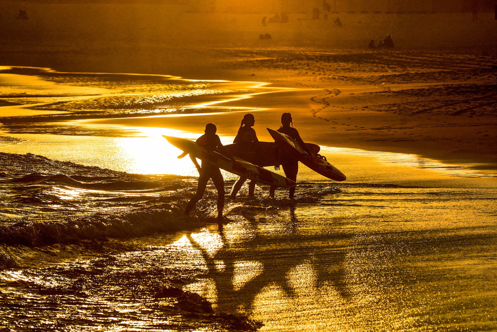 siluetas, puesta de sol, mar