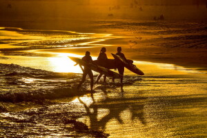 mer, silhouettes, le coucher du soleil