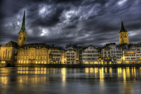 nuvole, casa, luci, Svizzera, il fiume Limmat, crepuscolo, Zurich