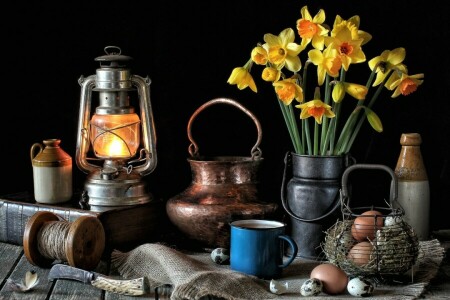 copper, daffodils, dishes, eggs, flowers, lantern, Still life