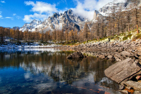 clouds, lake, mountains, snow, stones, the sky, trees