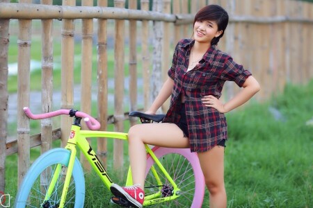 asiatique, bicyclette, fille, sourire, été