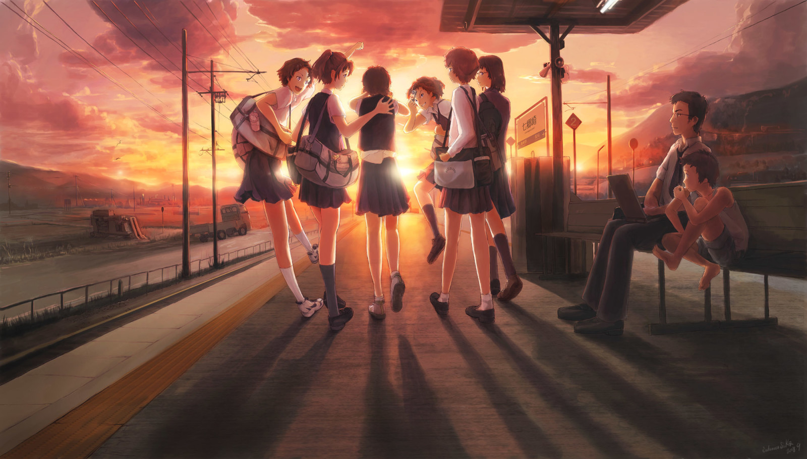 Le ciel, les filles, le coucher du soleil, art, des nuages, sac, Masculin, anime