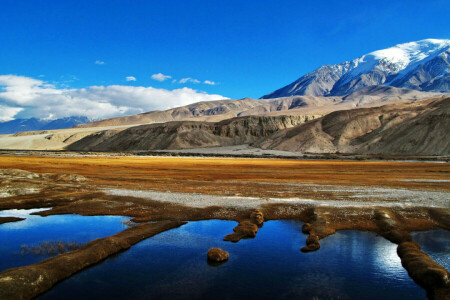 felhők, tó, hegyek, Pamir, az ég