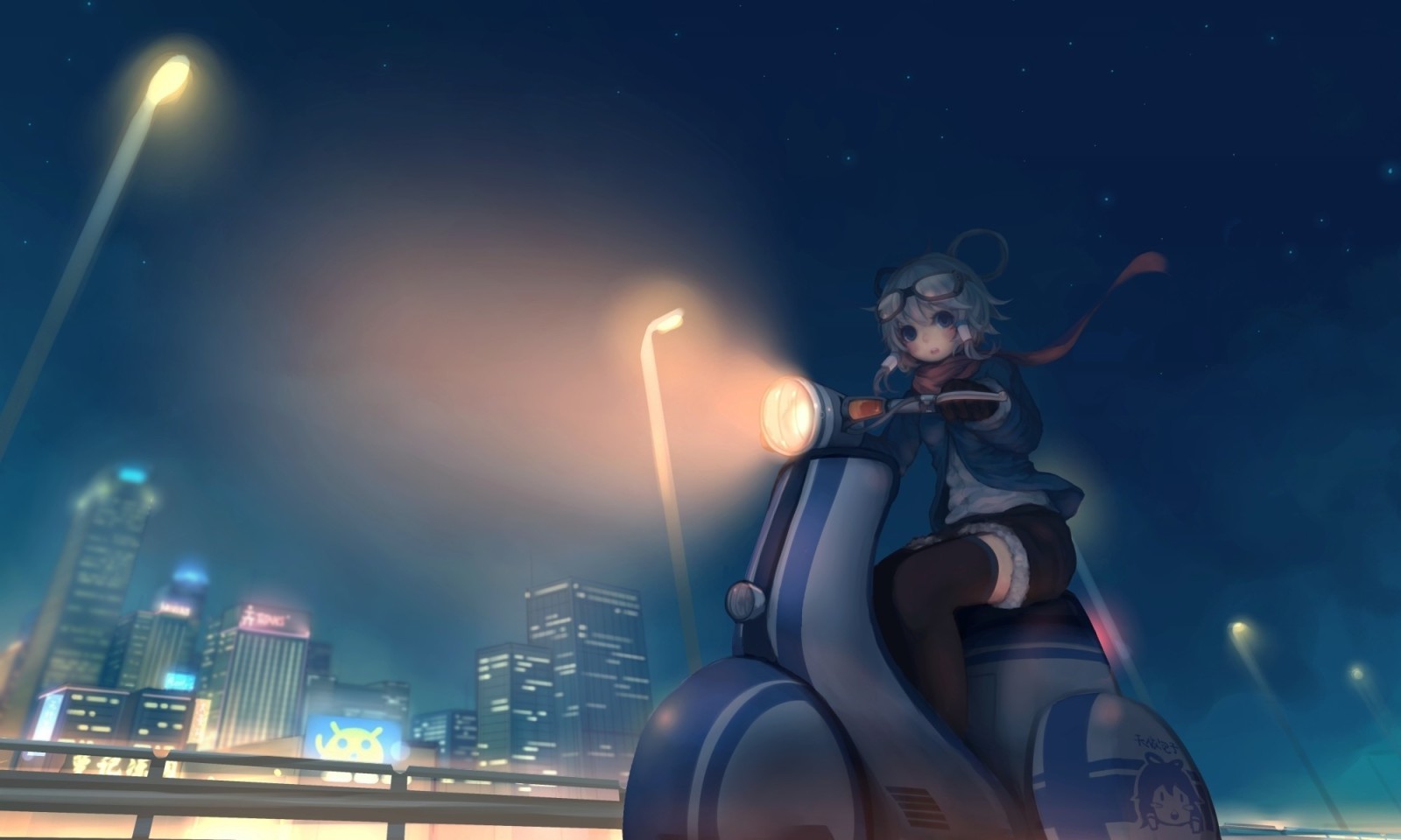 la ciudad, niña, luces, Arte, noche, vocaloid, scooter, luo tianyi