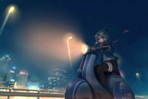 art, girl, lights, luo tianyi, need6699955, night, scooter, the city