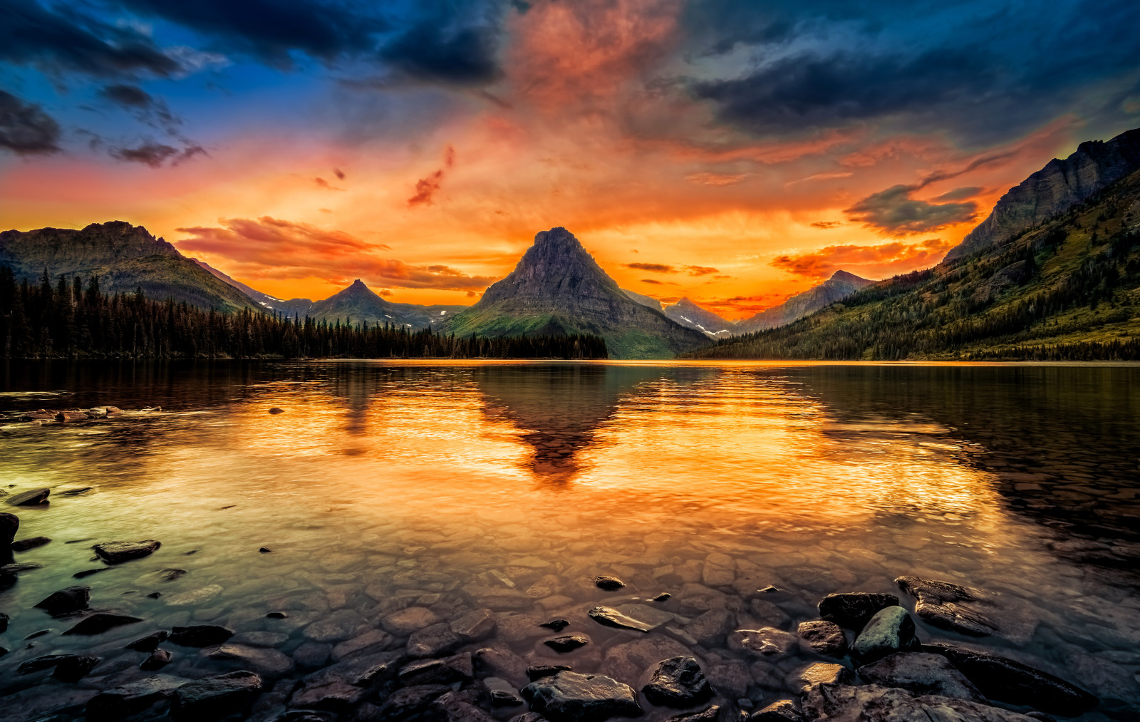 forest, the sky, lake, sunset, stones, trees, mountains, USA