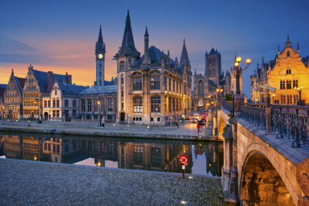 Bélgica, Puente, Flandes, Gante, hogar, luces, noche, río