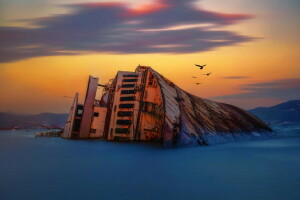 dawn, sea, ship, shipwreck, shore, stranded