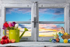 decoración, Pascua de Resurrección, huevos, flores, contento, primavera, tulipanes, ventana