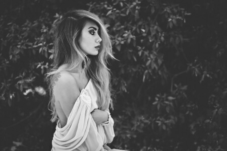 black and white, girl, profile, tattoo