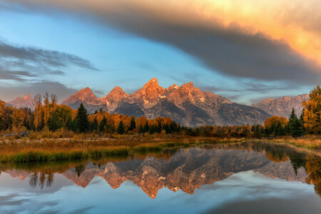 podzim, mraky, les, hory, odraz, Schwabachers Landing, nebe, USA