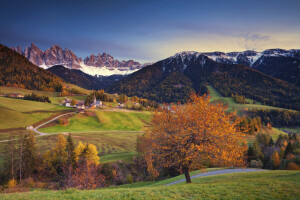 Alpi, autunno, casa, Italia, montagne, neve, alberi