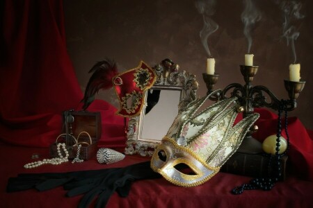 box, candles, gloves, mask, mirror, necklace, pen, Still life