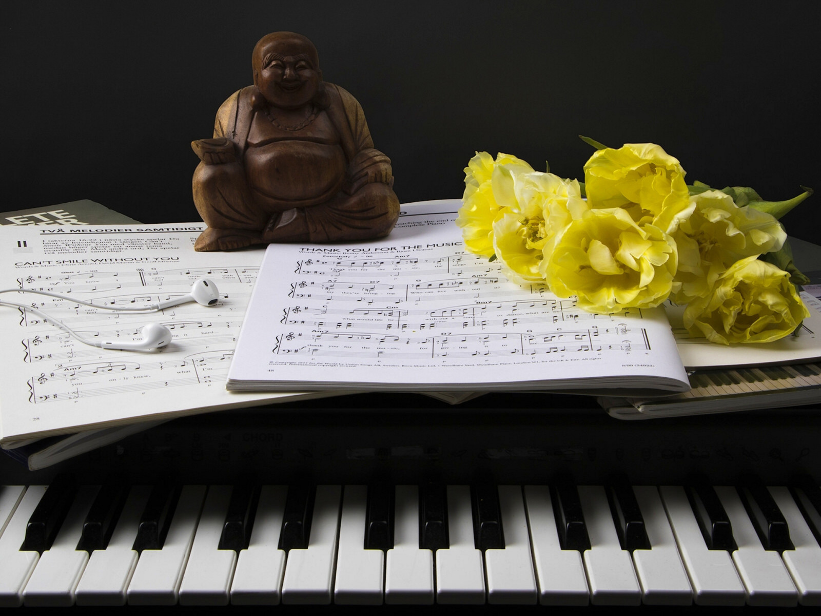 blomster, tulipaner, stil, Hodetelefoner, notater, figurine, piano, Keys