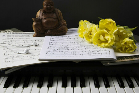 figurine, blomster, Hodetelefoner, Keys, notater, piano, stil, tulipaner