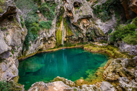 jezero, hory, skály, proud, vodopád