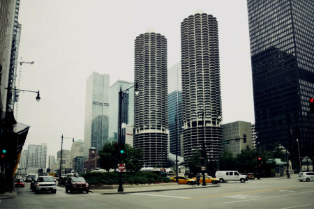 Chicago, Illinois, Machine, parkeren, wolkenkrabbers, straat, de stad