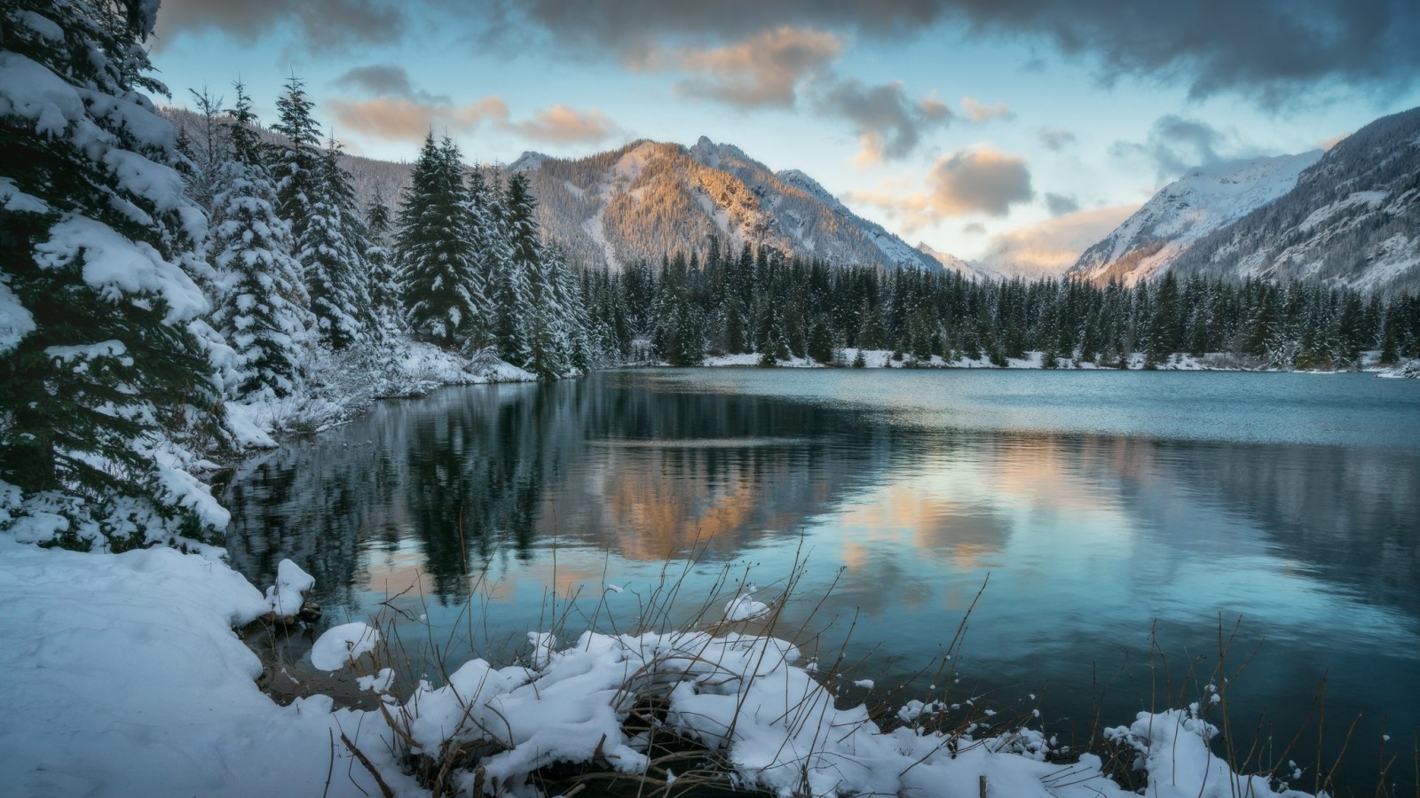 snow, forest, lake, winter, clouds, mountains, ate, pond