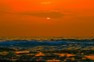 nuvens, horizonte, mar, pôr do sol, o céu, onda