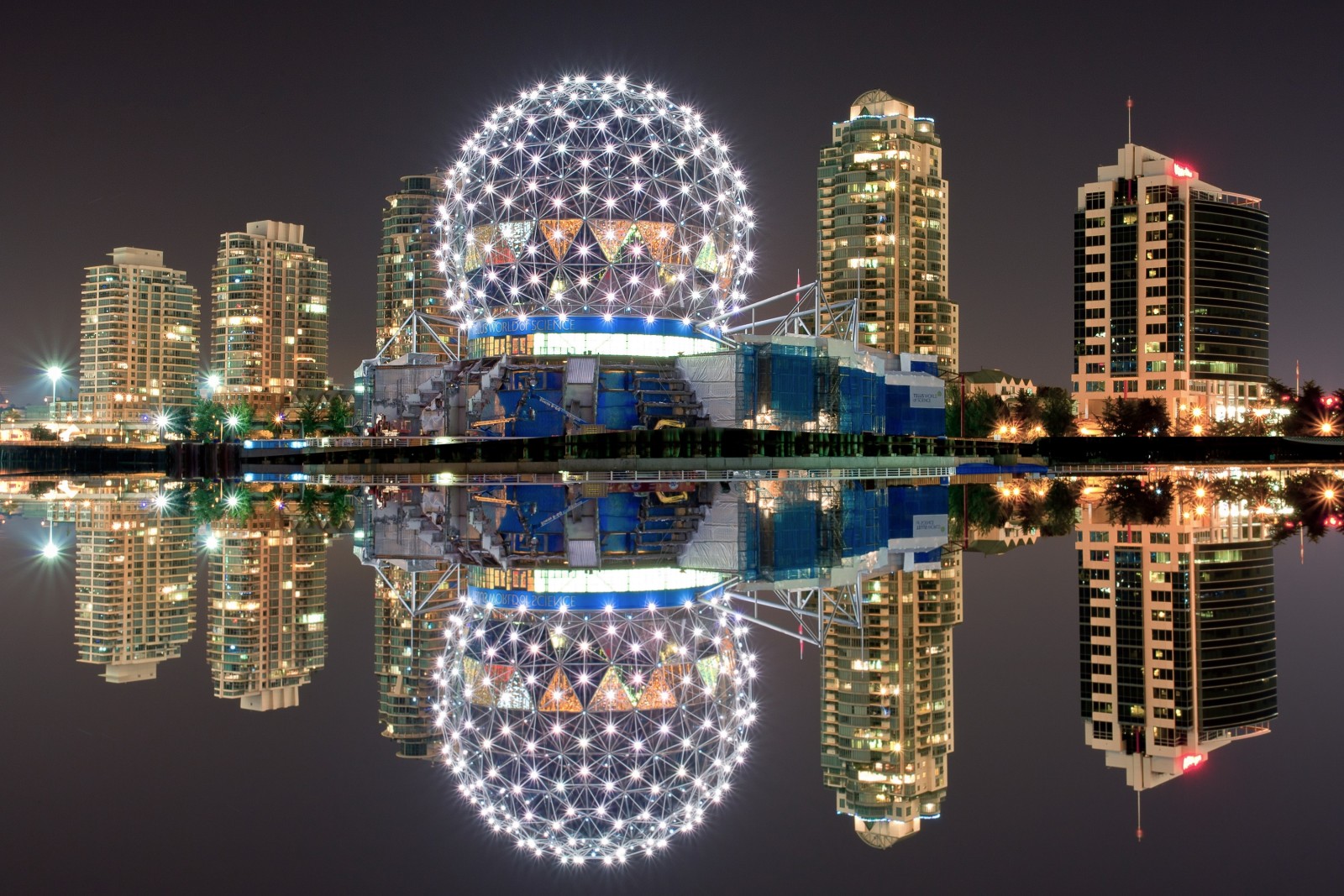 reflexão, Canadá, luzes, noite, Vancouver