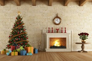 Board, fireplace, gifts, interior, New Year, rendering, roses, tree