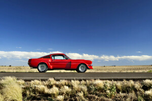 1965, nuvens, campo, Ford, Relva, colinas, horizonte, Mustang