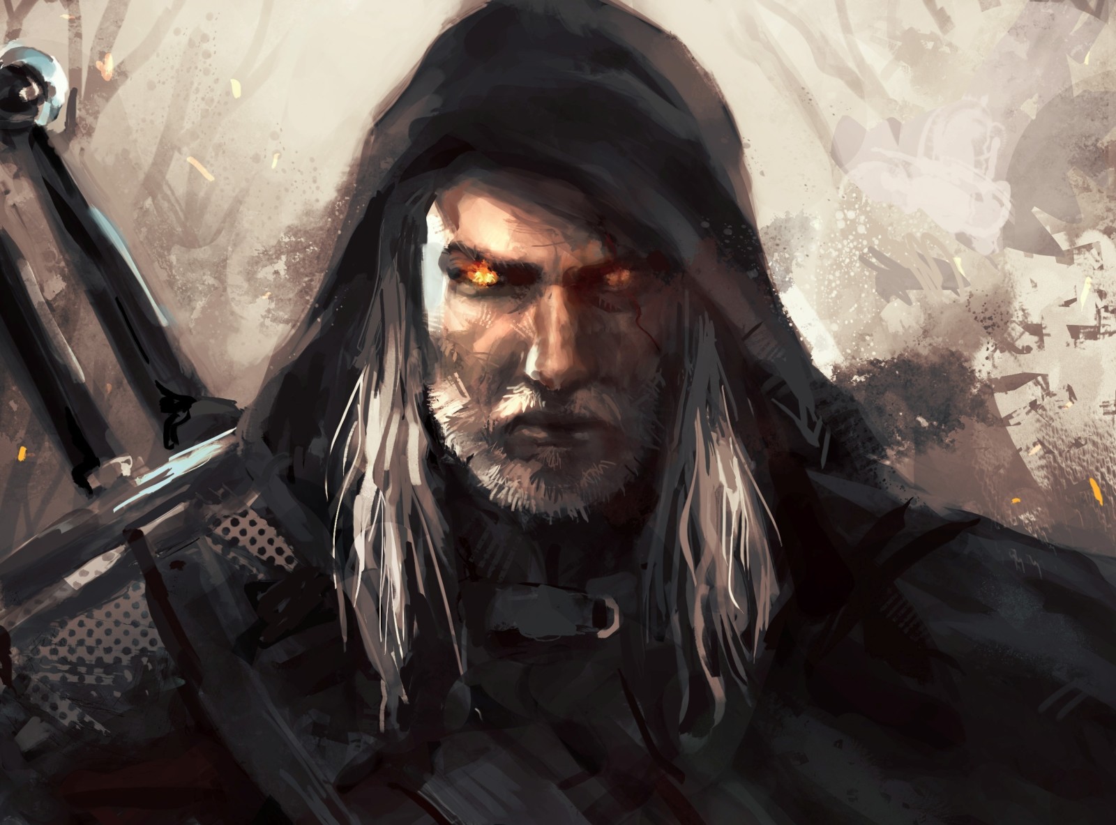 capuche, art, épée, le sorceleur, Geralt de Rivia, barbe, leopinheiro