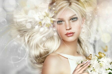 blond, VLINDER, bloemen, meisje, portret