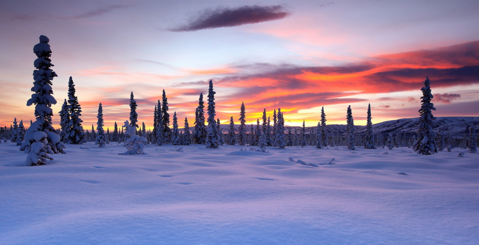 auringonlasku, talvi, maisema