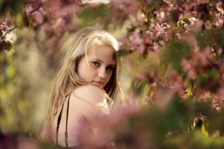 rubia, flores, niña, verduras, Mira, sonrisa