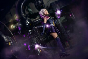 asiatisch, Hintergrund, blond, Cosplay, Kostüm, dunkel, Geräte, Kleid