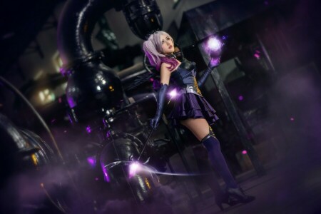 asian, background, blonde, cosplay, costume, dark, devices, dress