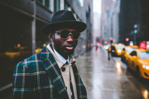 beard, bokeh, coat, glasses, hat, lights, lips, male