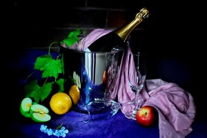 apples, bucket, champagne, flowers, fruit, glasses, leaves, lemon