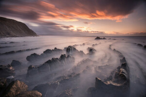 Barrika, de praia, nuvens, excerto, marcha, pedras, Espanha, Primavera