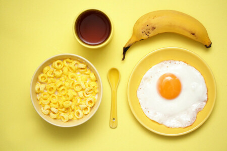 banan, frokost, korn, egg, Gul frokost