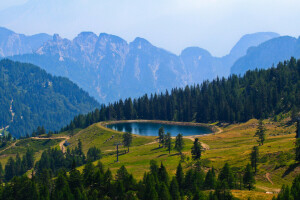 montagne, stagno, piscina, il cielo, alberi