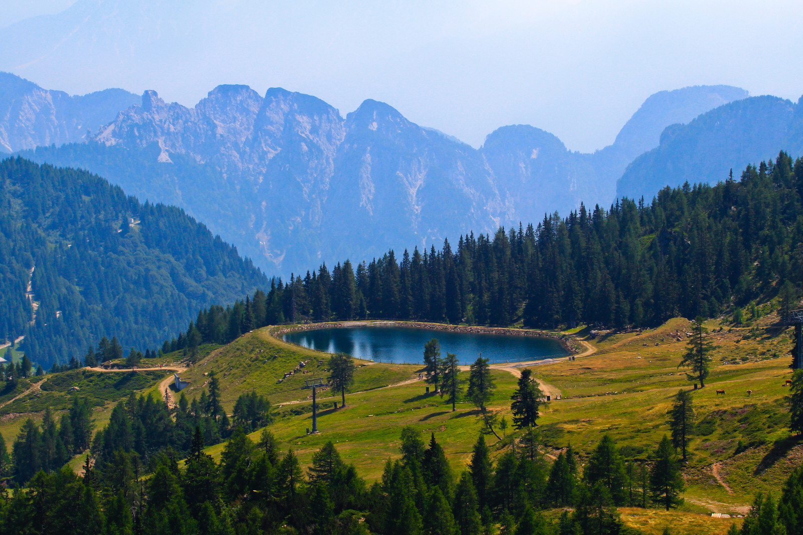 the sky, trees, mountains, pond, pool