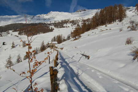 Casa, montagne, strada, neve, il cielo, inverno