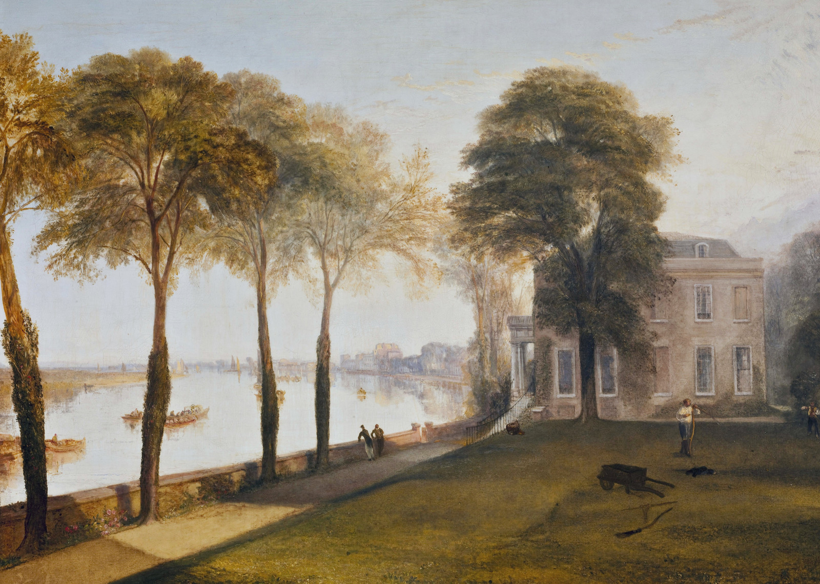 hus, flod, landskap, träd, bild, William Turner, Försommarmorgonen, Mortlake Terrace