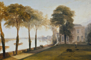 Tidlig sommer morgen, hus, landskab, Mortlake terrasse, billede, flod, træer, William Turner