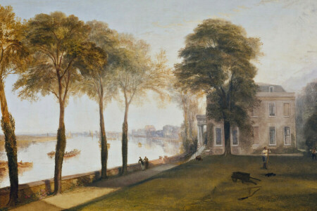 Matin d'été, maison, paysage, Terrasse de Mortlake, image, rivière, des arbres, William Turner