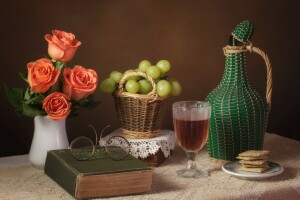 book, glasses, grapes, roses, wine