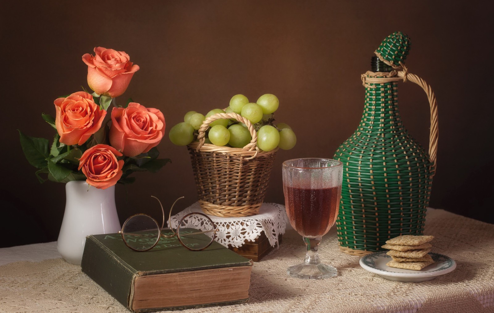 roses, wine, glasses, book, grapes