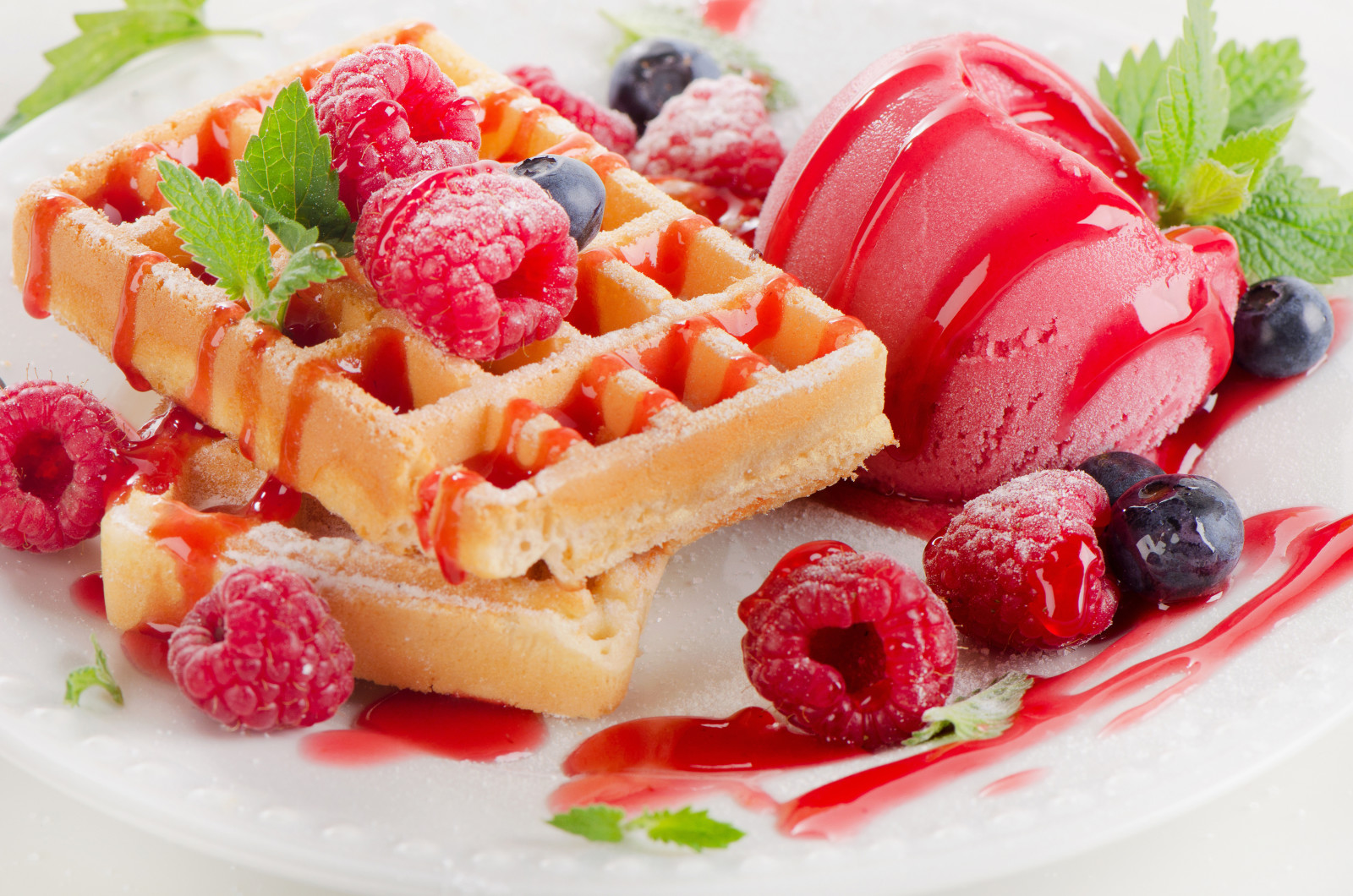 berries, raspberry, dessert, ice cream, waffles